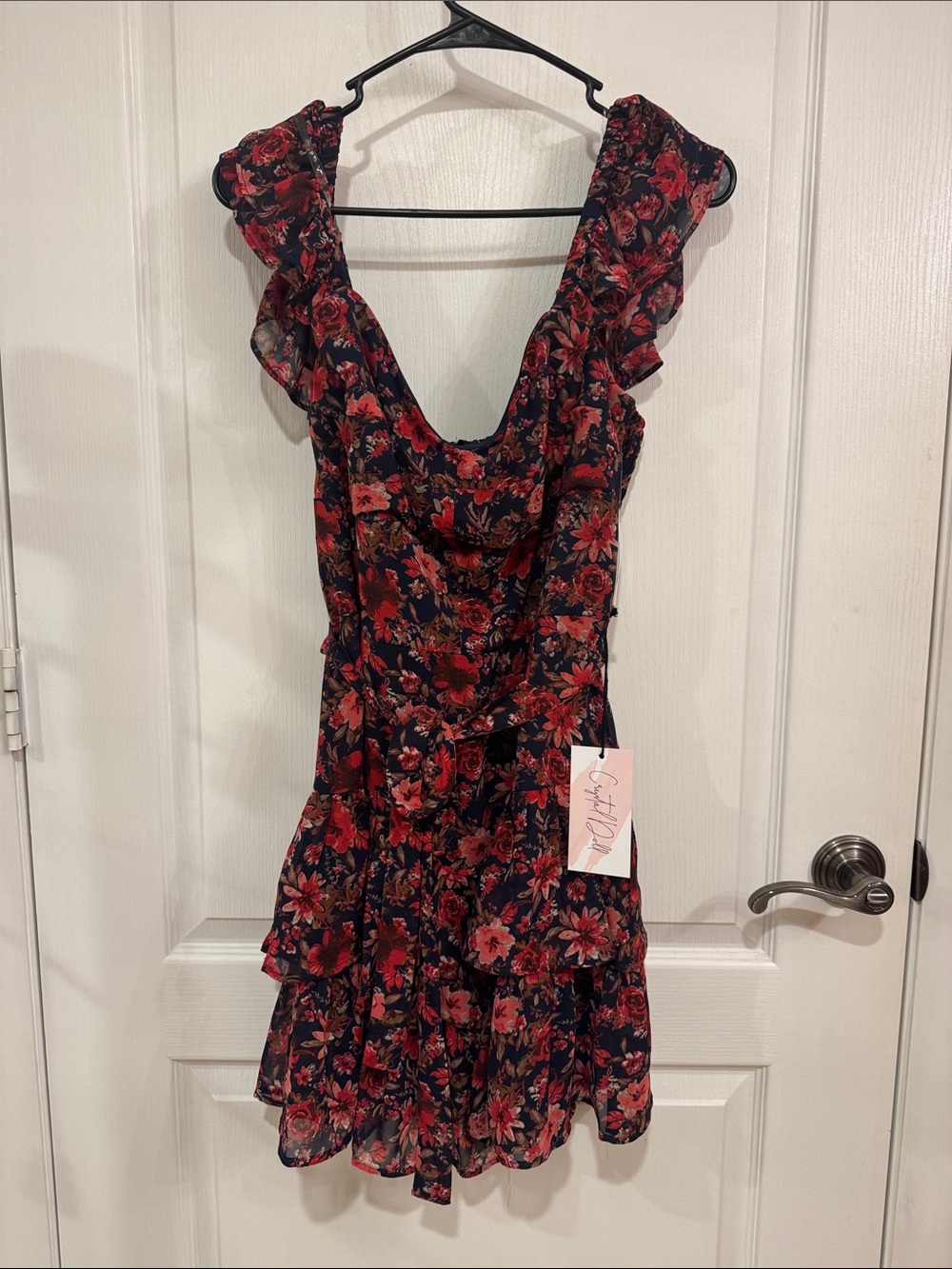 Ruffled Floral Mini Dress in Red on Black